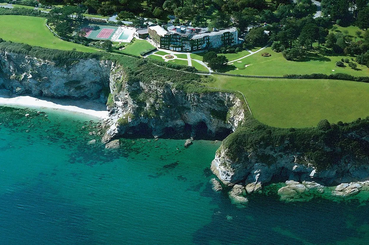 Aerial view of Carlyon bay hotel near bluewater