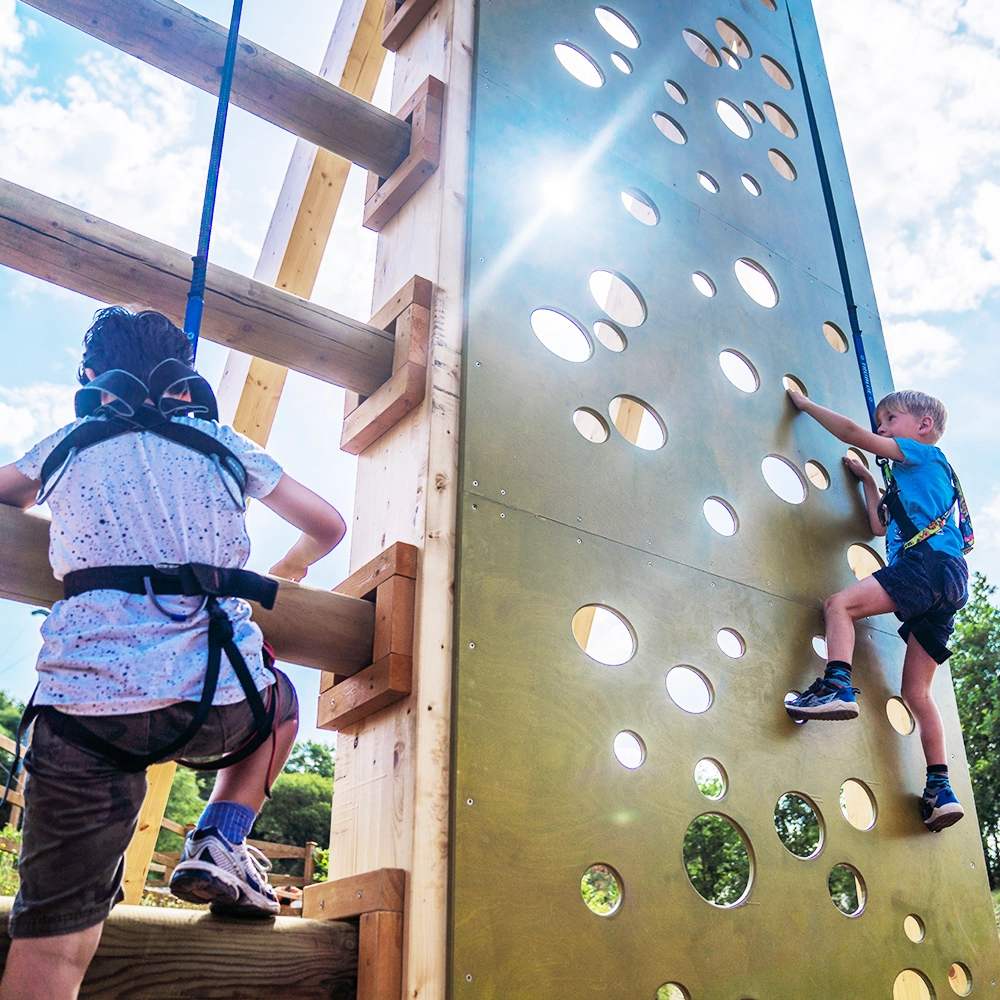 Kids climbing on the hangloose climbing wall at the eden project