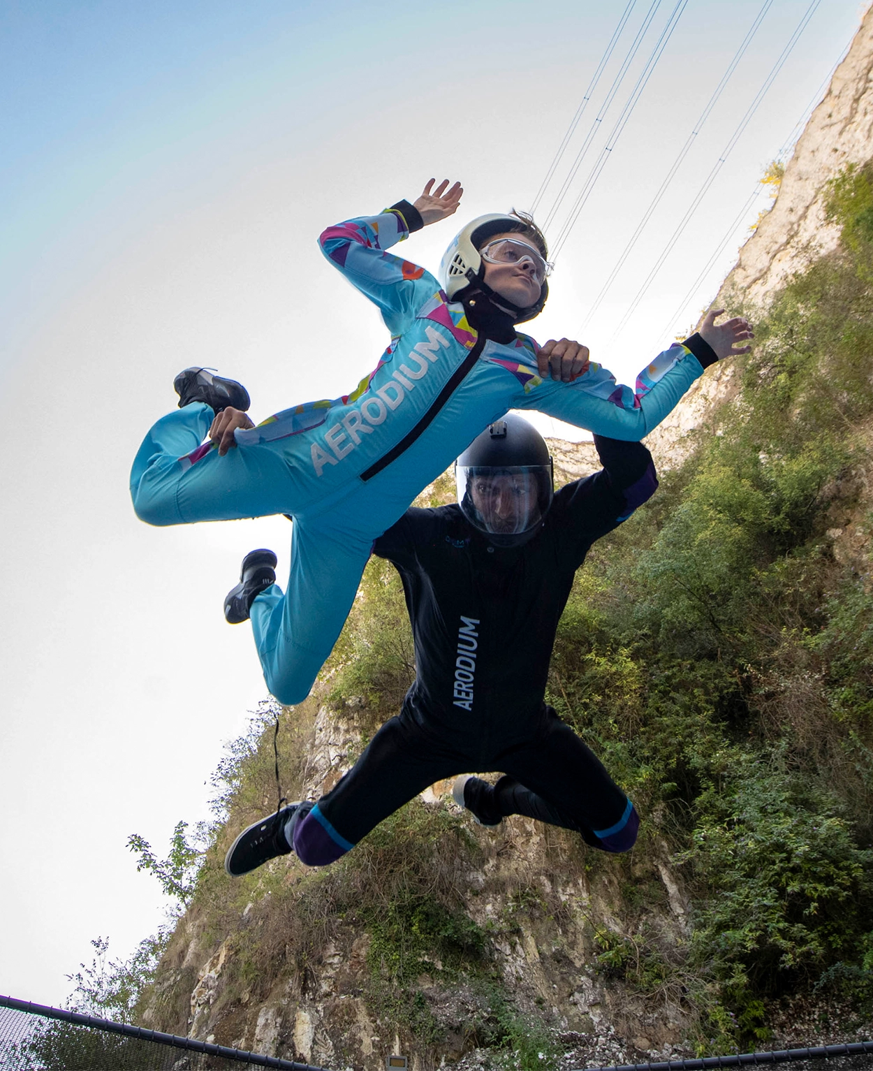 Child mid-flight on Uk's only Outdoor skydive machine at bluewater